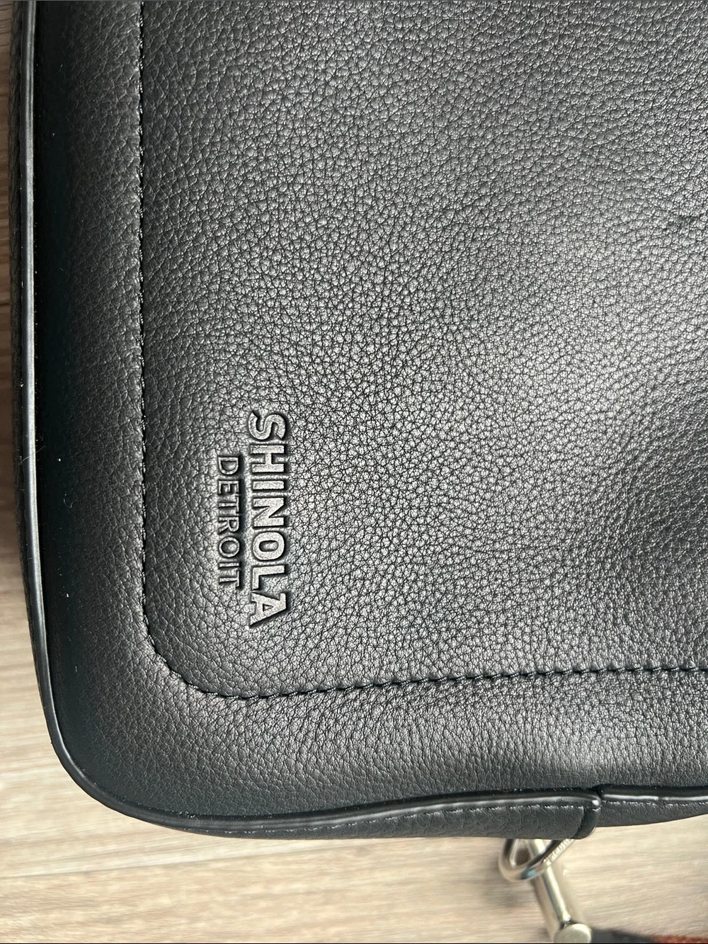 Shinola Camera Crossbody Bag Black with Navy, White & Rust Strap